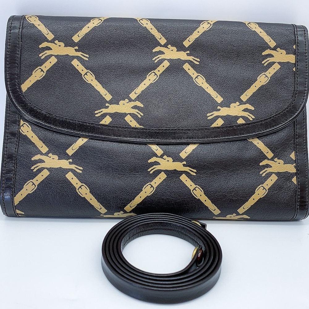 Longchamp Vintage Lambskin Clutch Shoulder Bag in Dark Brown